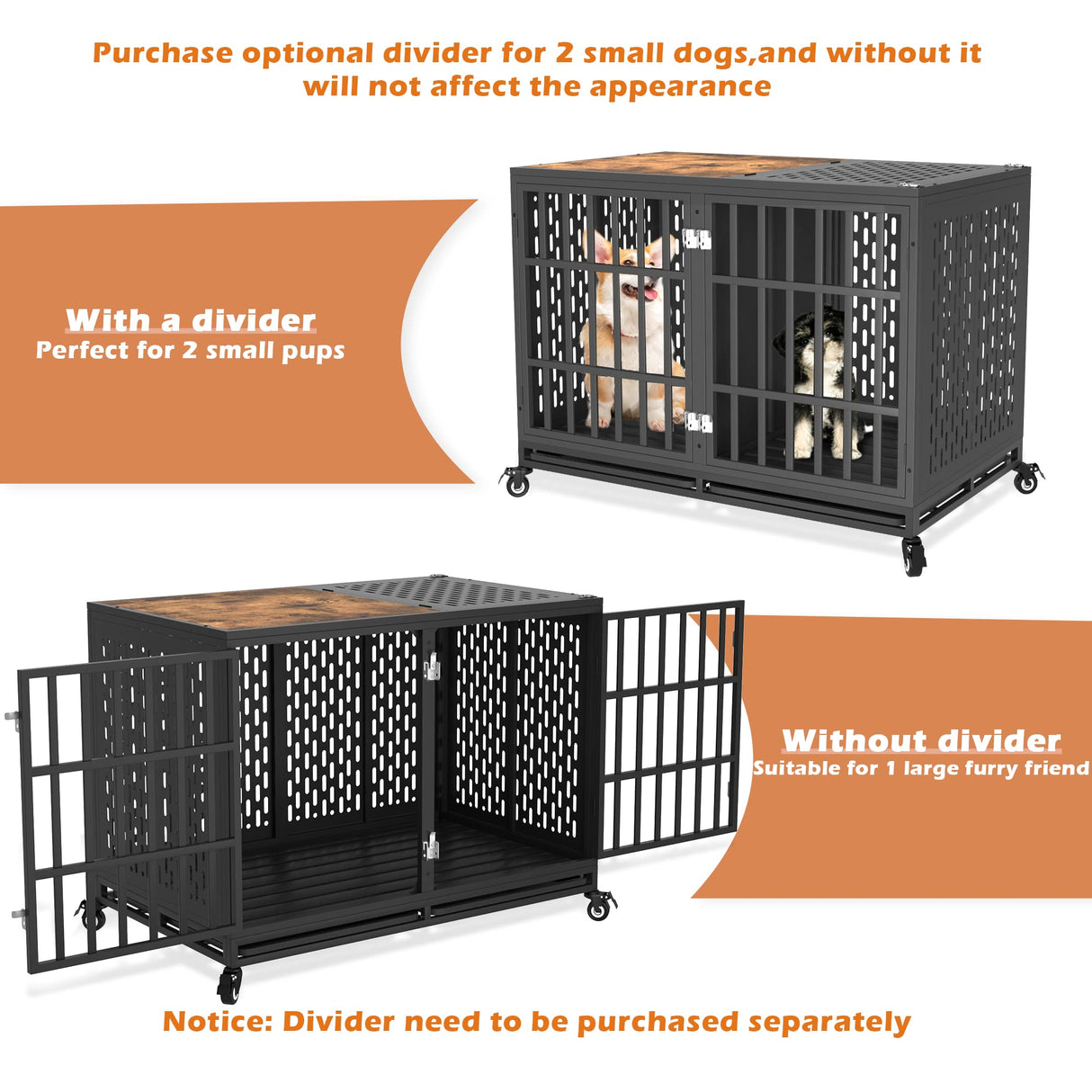 Huddycove 48inch Heavy Duty Dog Crate Compatible with Optional Divider, Extra Large Kennel for High Anxiety Dogs, Indestructible Pet Cage Indoor, Double Dog Crate for 2 Small Dogs Huddycove