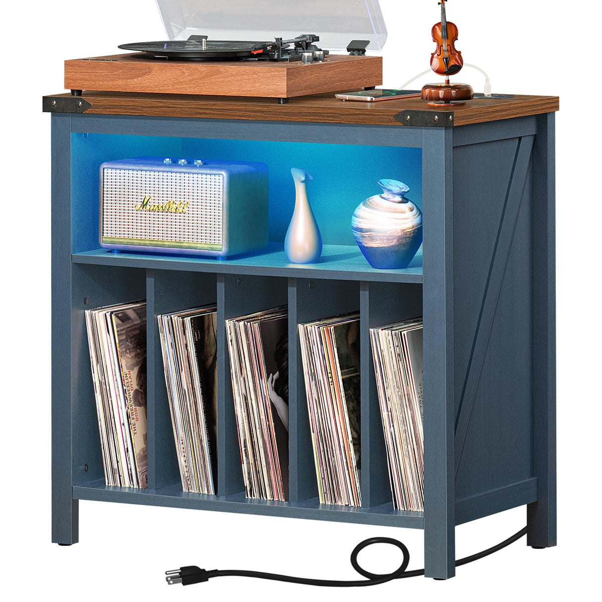 Joaxswe Large Record Player Table with Charging Station & LED Lights, Blue Vinyl Record Storage Cabinet Holds up to 230 Albums, Turntable Stand with Display Shelf for Music Room Bedroom Living Room Joaxswe
