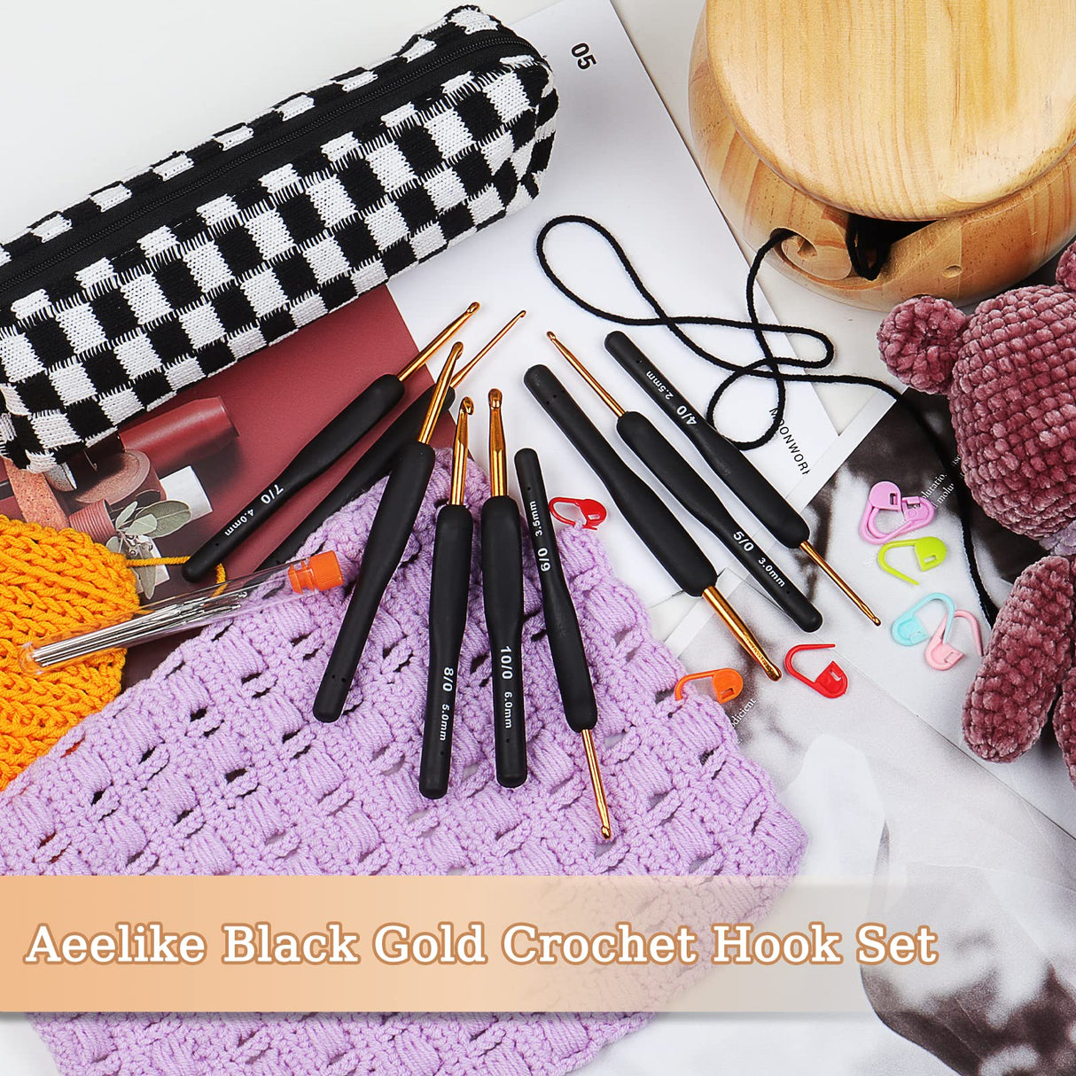 Aeelike 31pcs Crochet Hook Set, Black Gold Crochet Hooks Ergonomic with Grips for Arthritic Hands, Crochets Needles Set with Knitting & Crochet Supplies, Ideal Gift for Crocheting Beginner Lover Aeelike