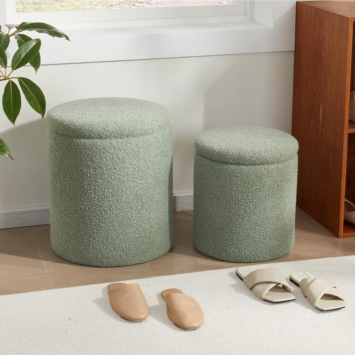 Royal Windsor Boucle Round Ottoman with Storage Set of 2,Small Foot Stool Ottoman for Living Room, Ottoman Coffee Table,Vanity Stool with Storage for Bedroom, Green Royal Windsor