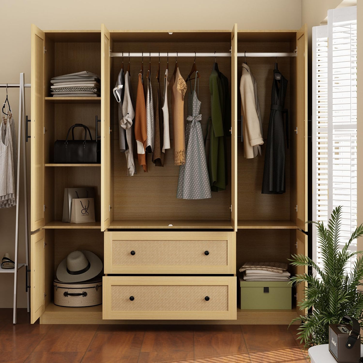 Homsee 6-Door Wardrobe Armoire Closet, Large Bedroom Cabinet Armoire with Rattan Doors, 2 Drawers, Hanging Bars & 7 Shelves, Light Brown Homsee