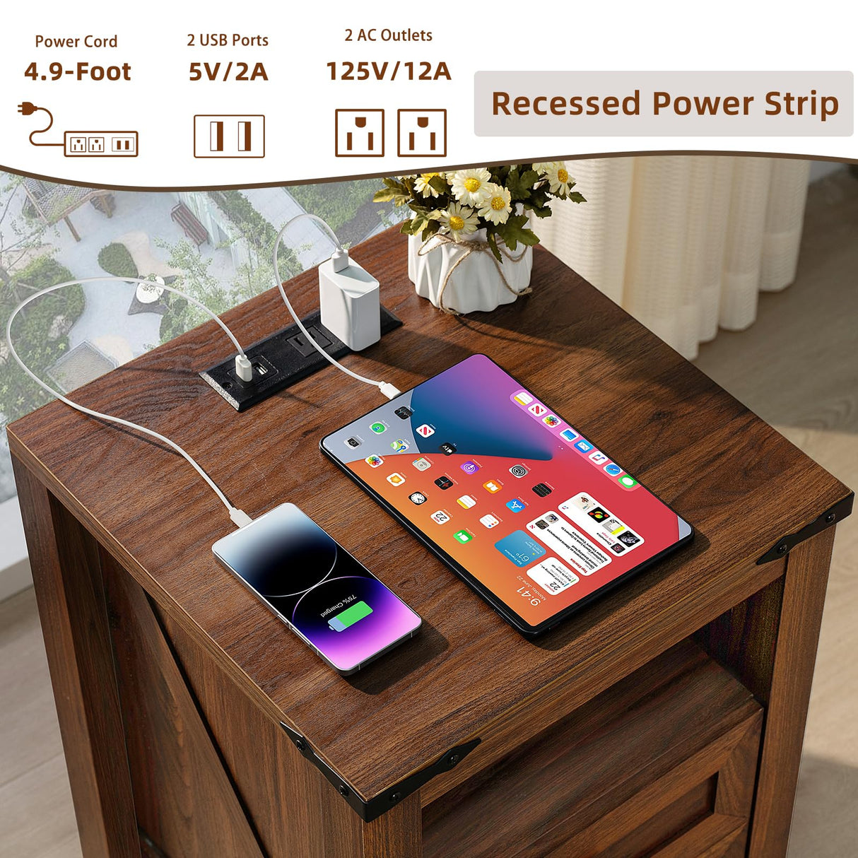 Joaxswe Nightstand with Charging Station and USB Port, Farmhouse Side End Table with 2 Drawers and Open Shelf, Wood Rustic Sofa Table, Bedside Cabinet for Bedroom, Living Room, Closet, Office(Brown) Joaxswe