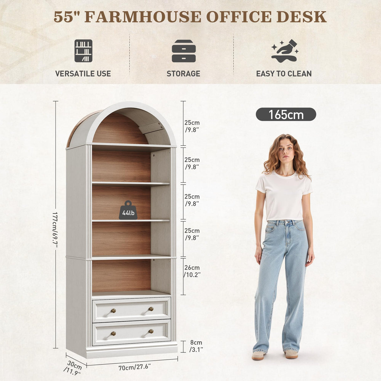 RALGEND Farmhouse Arched Bookshelf, 7 Tiers Arch Bookcase with 2 Spacious Drawers, Modern Book Shelf with Open Display Shelves and Storage Cabinet, for Office, Living Room, Kitchen, Walnut and White RALGEND