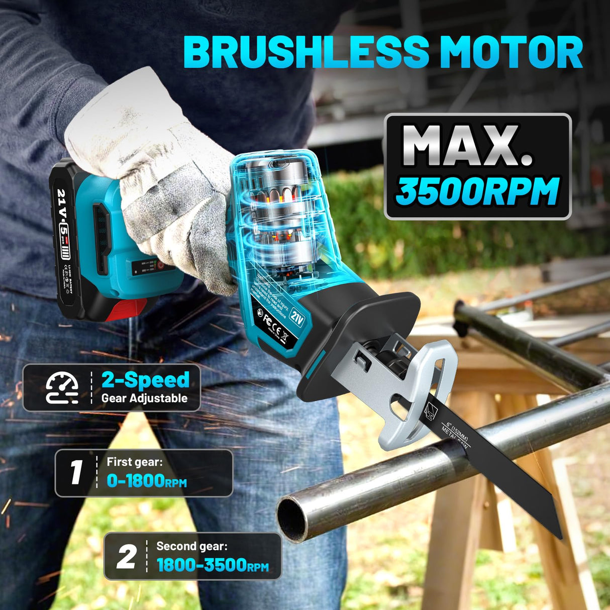 Seesii Reciprocating Saw Cordless, 3500 RPM Brushless Motor with 2 x 4.0Ah Batteries, LED Light, 8 Saw Blades Portable for Wood PVC Cutting (Blue) Seesii