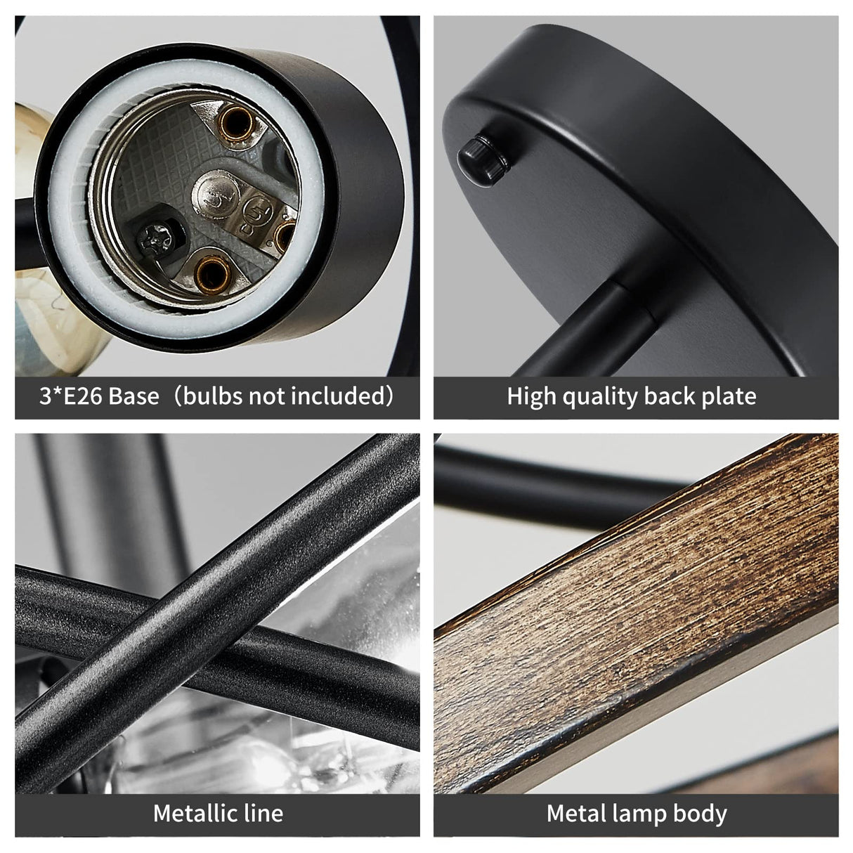 WUZUPS Chandelier 3-Light Imitation Wood Grain Vintage Farmhouse Industrial Semi-Flushmount Ceiling Light Lighting Fixture for Foyer Hallway Storage Room Kitchen Bathroom, H 9.4" W 12", Black WUZUPS