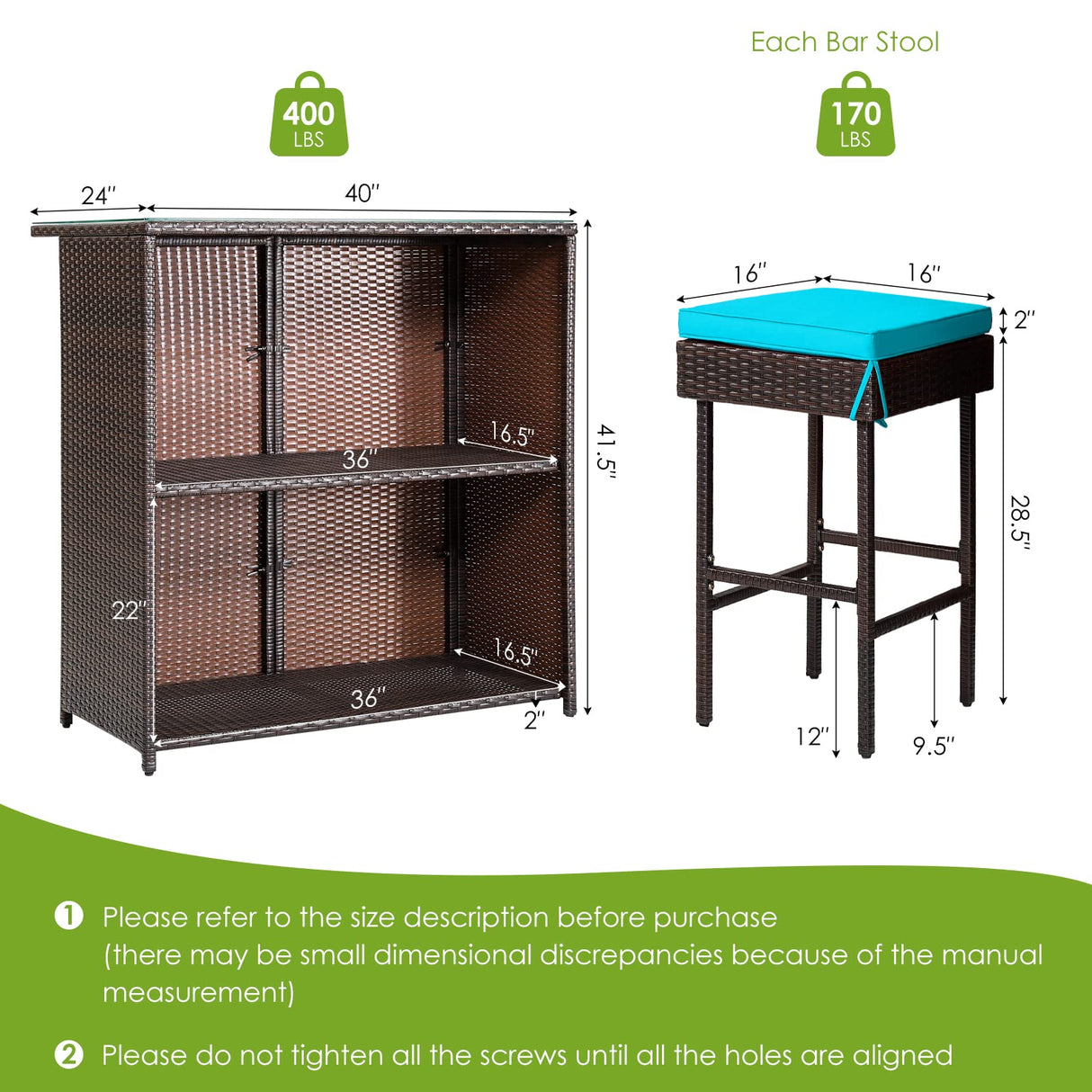 RELAX4FLIE 3-Piece Outdoor Bar Set, Patio Wicker Bar Table and Chairs Set w/Cushioned Stools 2 Open Shelves & Glass Table Top, Rattan Bar Table Set for Poolside, Garden and Backyard (Turquoise) RELAX4LIFE