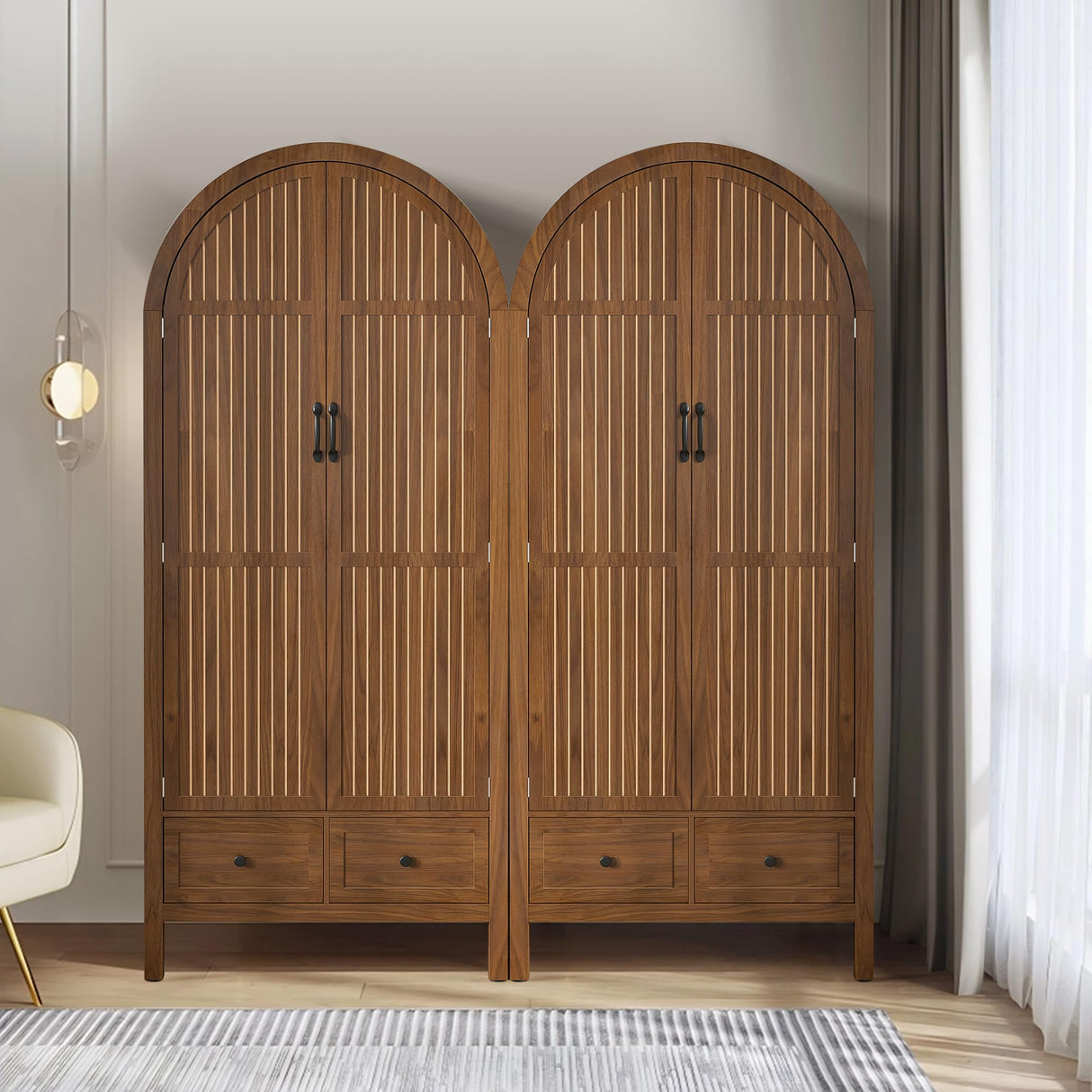 Lxsxlome Wardrobe Closet, Armoire Wardrobe Closet with Drawers and 2 Arched Fluted Doors, 70.87‘’ Tall Wooden Bedroom Armoires with Shelves and Hanging Rod (Walnut-2) Lxsxlome