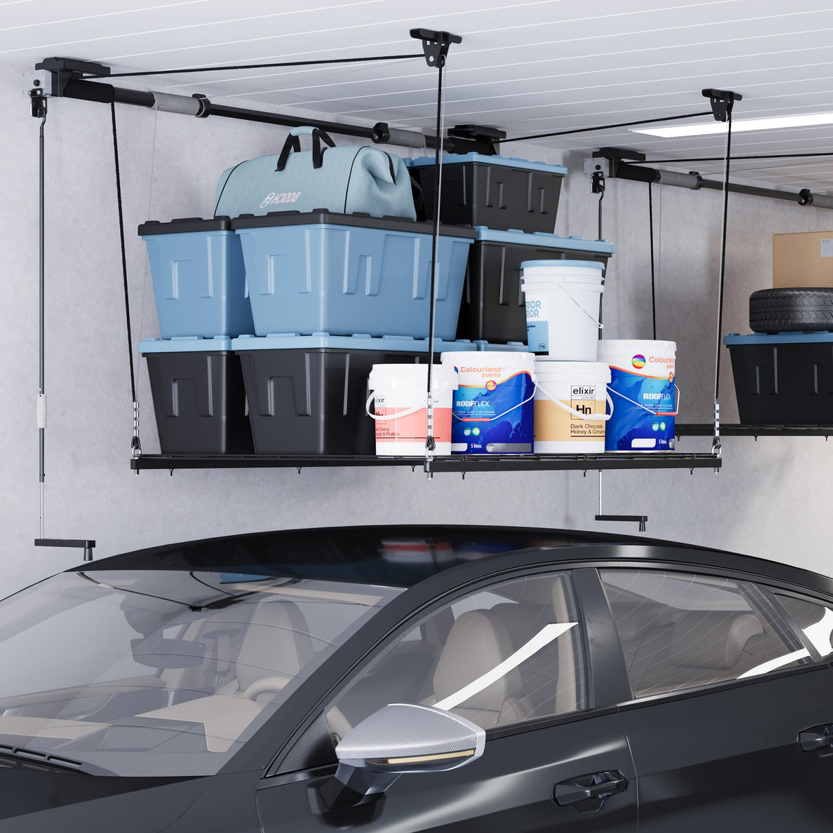 FLEXIMOUNTS Garage Lifting Metal Rack, 4x4 Ft Overhead Garage Storage Racks, Adjustable Heavy-Duty Ceiling Organization System, 300lbs Weight, Satin Black FLEXIMOUNTS