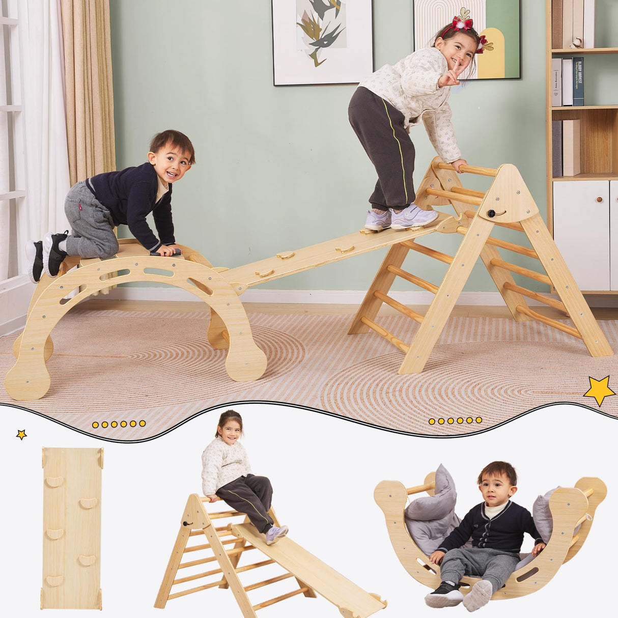SHWWQUE Pikler Triangle Set Montessori Climbing Toys for Toddlers Pikler-3 Piece Indoor Playground 3 in 1 Foldable Baby Climbing Gym Jungle Gym for Kids Ages 1-6 Natural SHWWQUE
