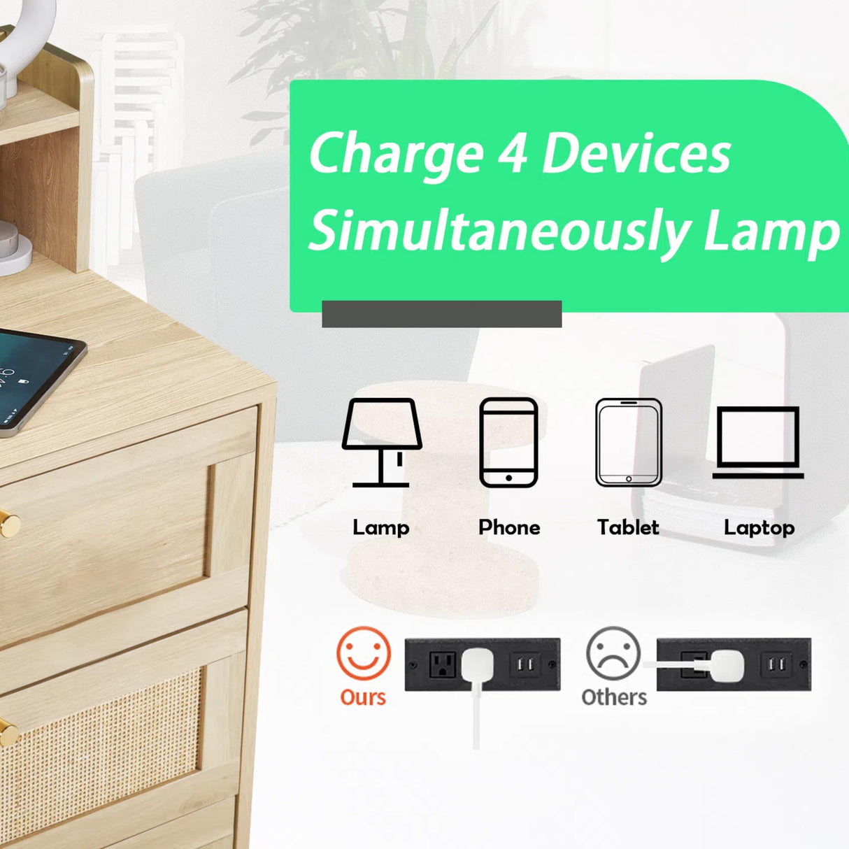 UNDUSLUY 6 Drawer Rattan Double Dresser for Bedroom with Shelves, Wood Chest of Dressers, Modern Dresser Chest with Charging Station for Closet, Living Room and Entryway, Natural UNDUSLUY