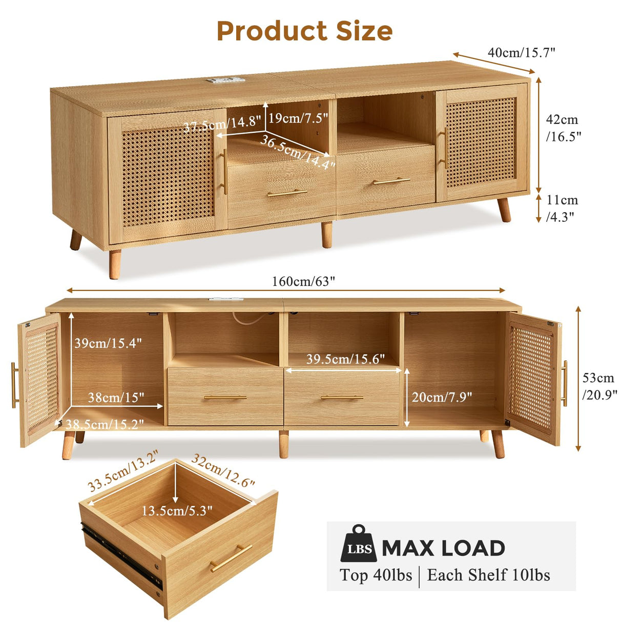 JanflyHome TV Stand for 70 Inch TV-Modern Rattan Media Console with Power Outlet, Entertainment Center with LED Light, Rattan TV Console Furniture for Living Room, Wood JanflyHome