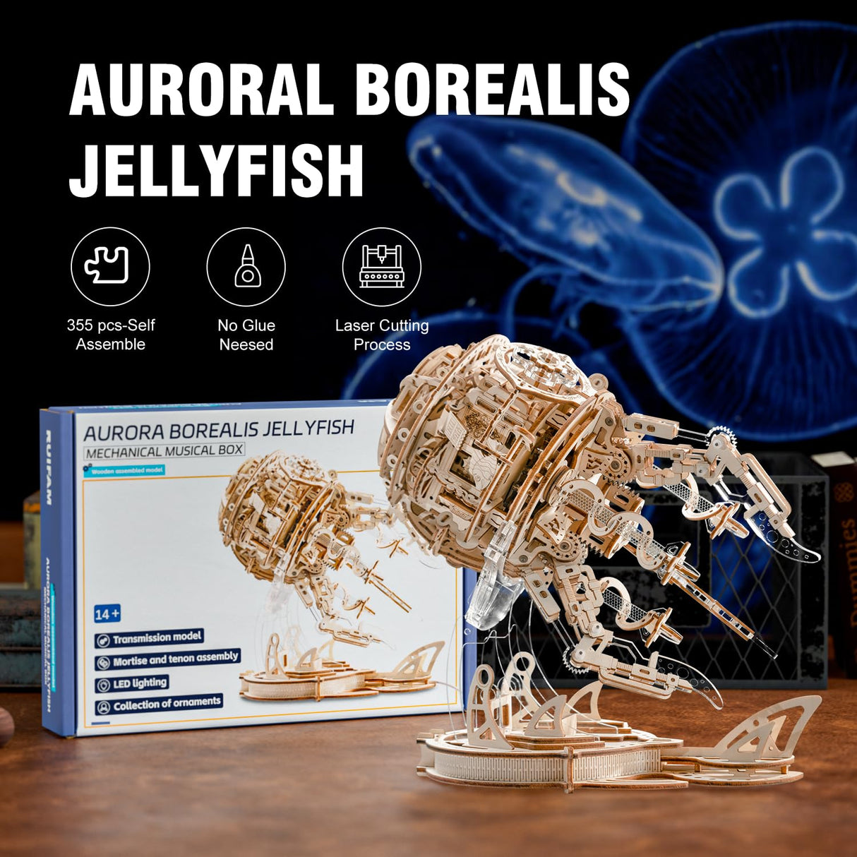 3D Wooden Puzzles for Adults, 3D Puzzle Model Aurora Jellyfish Toys Building Kits, DIY Wood Crafts Cool Toy Hobbies for Men Women, Creative Assembly Gifts RUIFAM