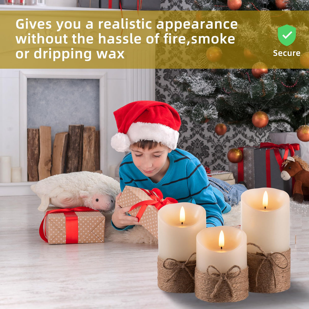 AKU TONPA Flameless Candles Battery Operated Pillar Real Wax Electric LED Candle Gift Set with Remote Control and Timer, 4" 5" 6" Pack of 3 (Ivory Wax with Hemp Rope) AKU TONPA