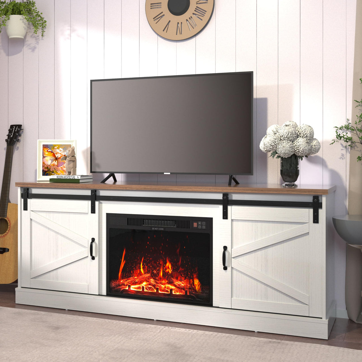 Kurapika Fireplace TV Stand for up to 75" TV, Farmhouse Entertainment Center with 24" Fireplace, 67" Media Console Cabinets for Living Room w/Storage Shelves, Remote Control, White Kurapika