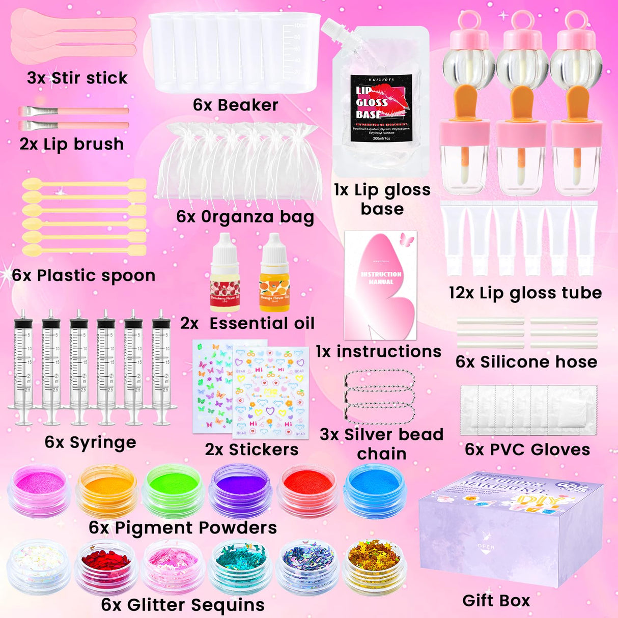 WhizToys DIY Lip Gloss Making Kit 74 PCS, Purple Kids Lip Gloss Supplies Set Beginner, Fun Craft Set Moisturizing Base, Birthday Gift for Girls, Kids, Teenagers, Women WhizToys