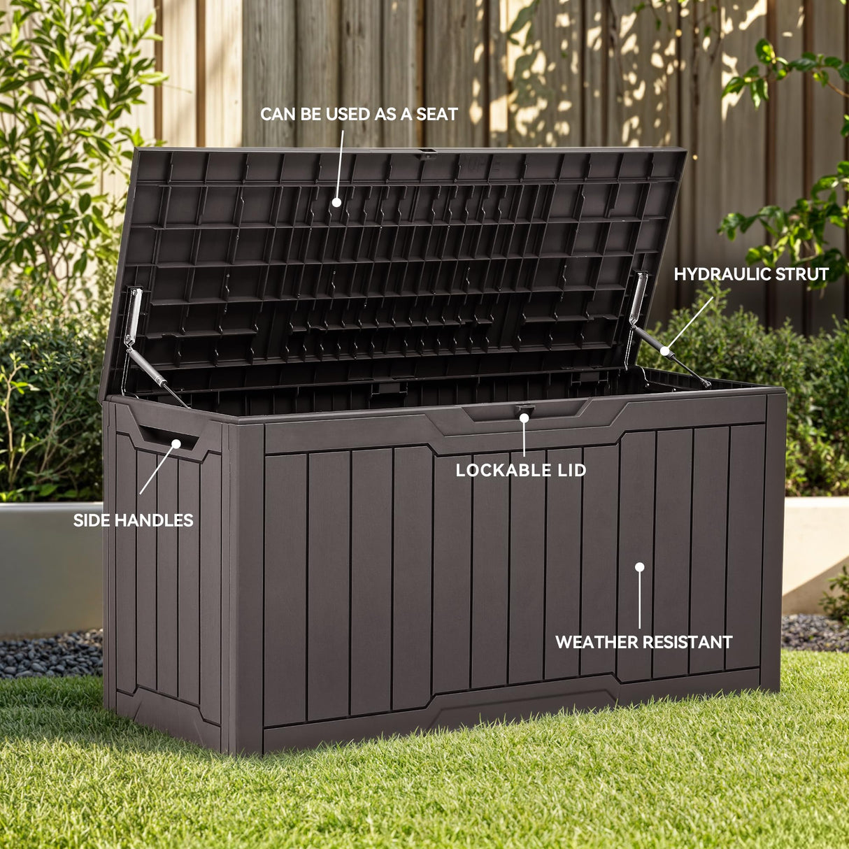 YITAHOME 100 Gallon Outdoor Storage Box, Large Water Resistant Resin Deck Box, Indoor Outdoor Lockable Storage Container for Patio, Garden, Cushions, Tools, Equipment (Dark Brown) YITAHOME