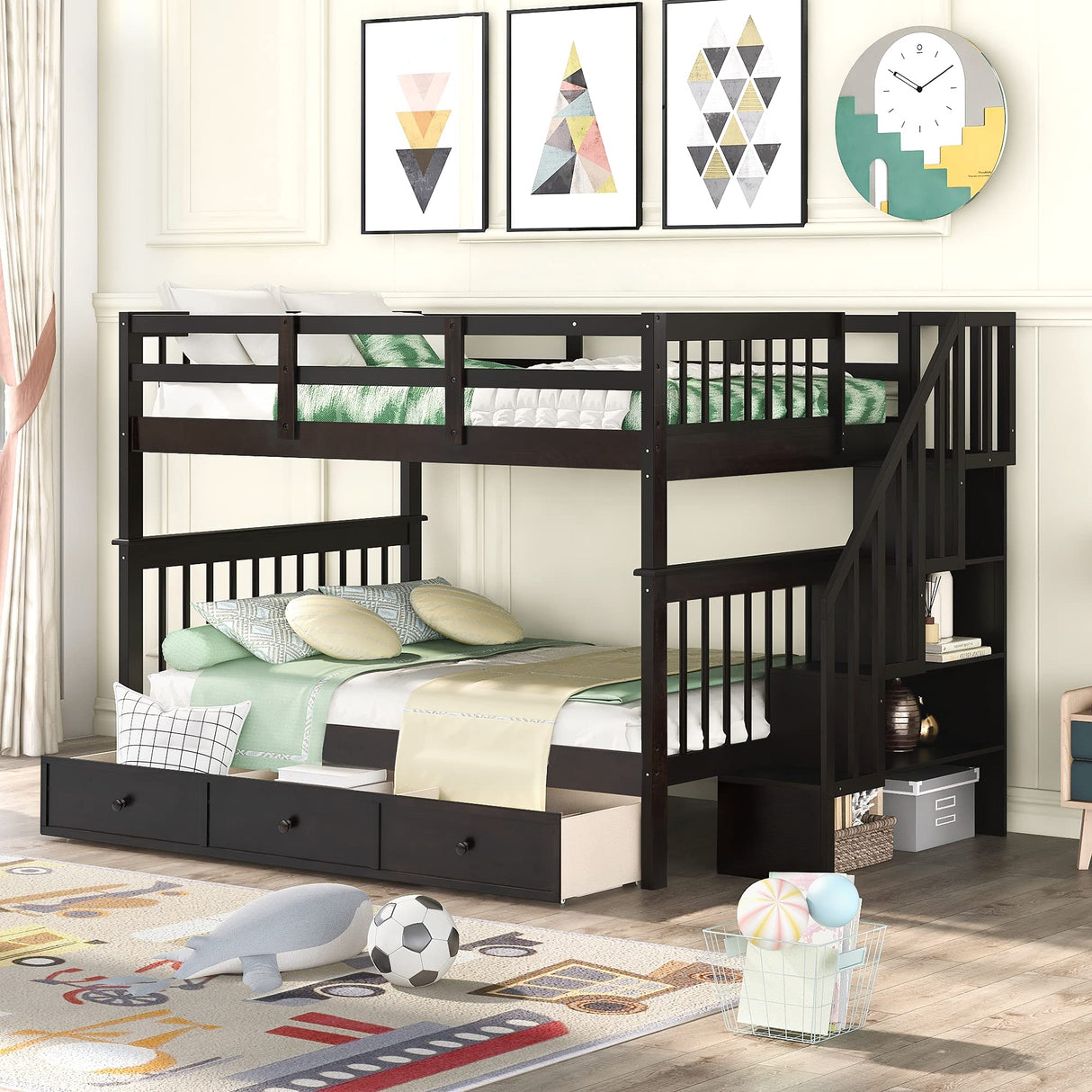 Harper & Bright Designs Full Over Full Bunk Bed with Stairs and Storage Drawers, Solid Wood Full Bunk Bed Frame for Kids Teens Adults - Espresso Harper & Bright Designs