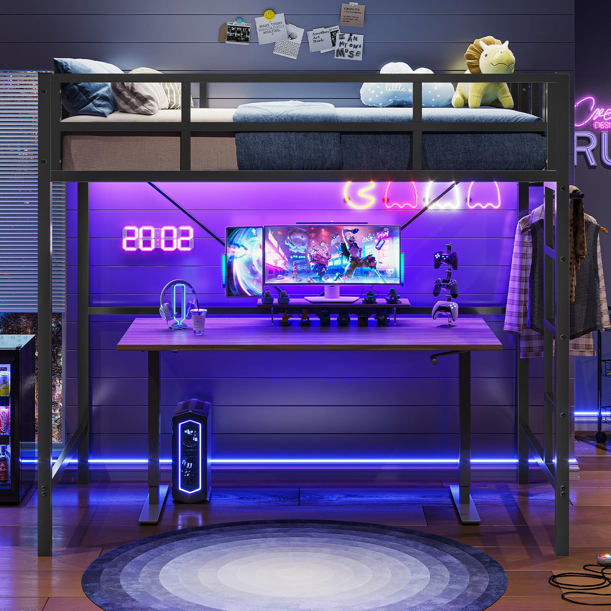 Hasuit Twin Loft Bed with LED Lights, Metal Loft Bed Twin Size with Full-Length Guardrail &Clothes Rack, Heavy Duty Metal Loft Bed Frame, Space-Saving, Noise Free, No Box Spring Needed, Black Hasuit