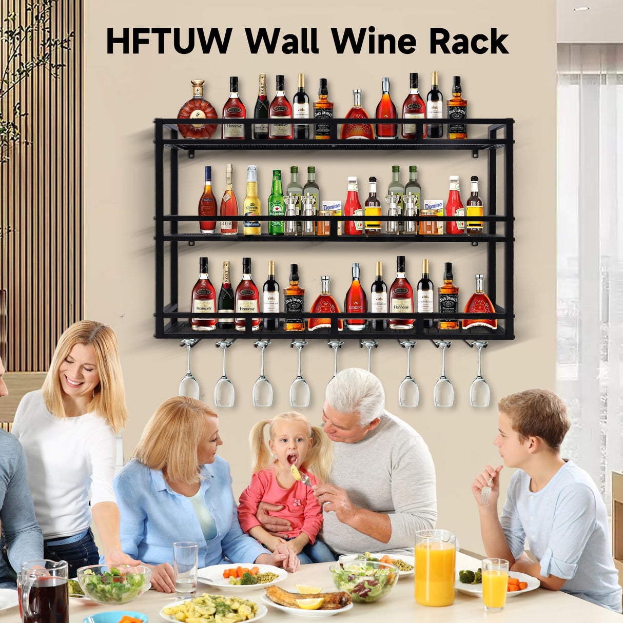 HFTUW Metal Wine Rack Wall Mounted, Bar Shelves for Liquor Bottles with LED Light, 3 Tier Large Capacity Liquor Rack Wall Mounted with Glass Holder for Home Bar & Dining Room (Black, 39in/100cm) HFTUW
