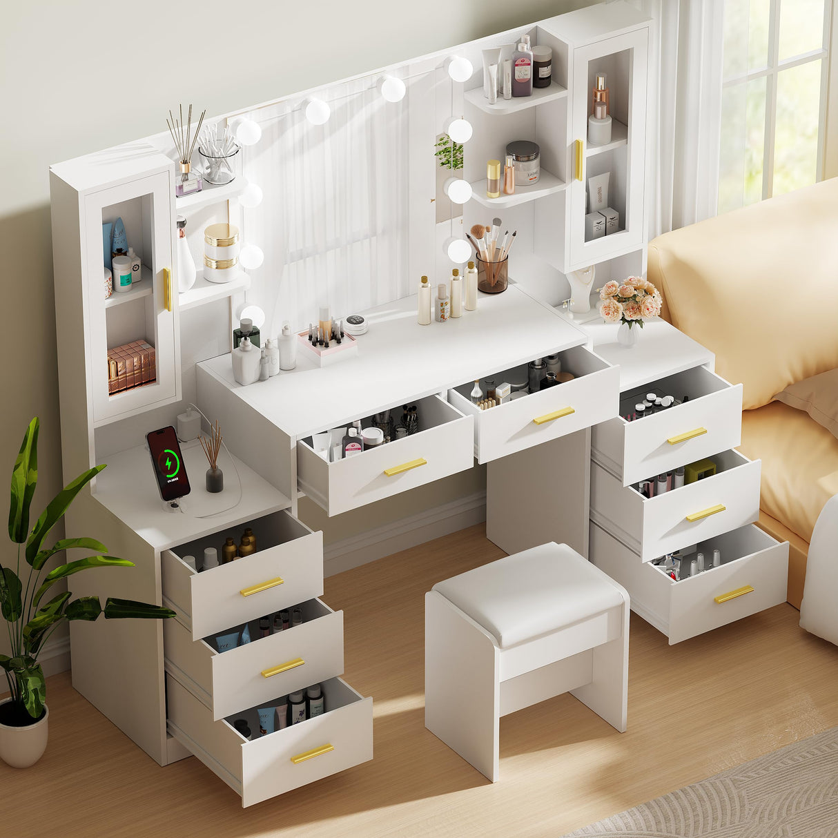 ANWBROAD 59.1" Large Vanity Desk Table with Mirror & Lights White Makeup Vanity with Power Outlet and 8 Drawers 2 Cabinets 3 Lighting Modes Adjustable Vanity Table for Bedroom Dressing Room UBDT67W ANWBROAD