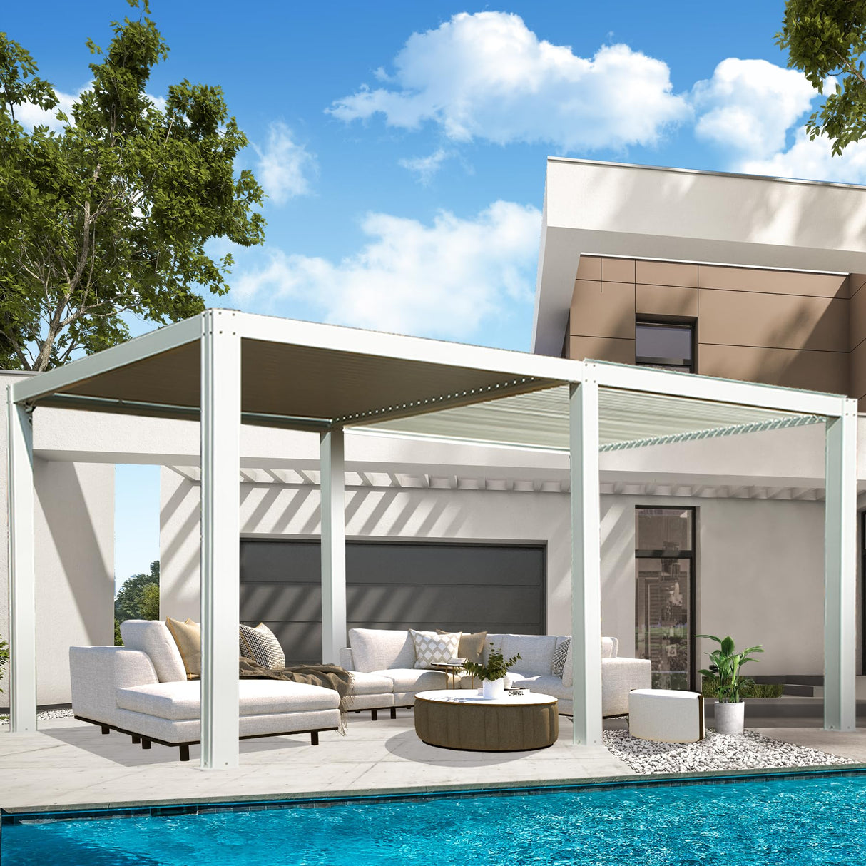 Domi Louvered Pergola 12'x20' Sun Shade Outdoor Aluminum Rainproof Pergola with Adjustable Roof for Backyard Garden Deck (White) domi outdoor living