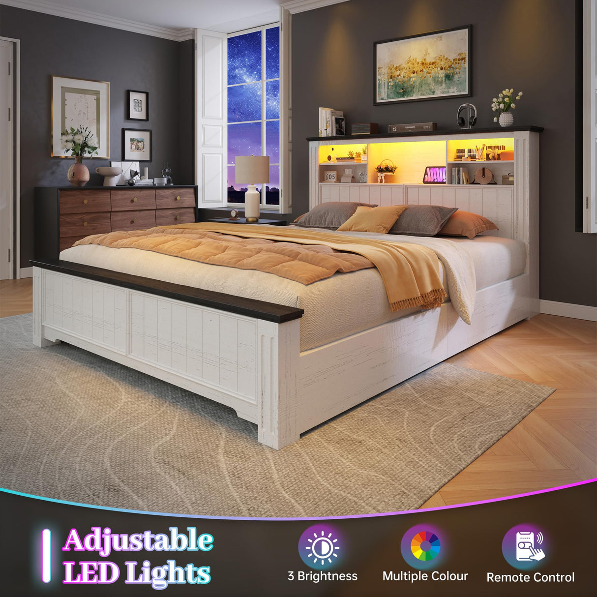 EnHomee Full Size Bed Frame with Headboard, Full Bed Frame with 4 Drawers Charging Port & LED, Farmhouse Bed Full Built in Charging Station,No Box Spring Needed,NO Noise,White with Grain Marks EnHomee