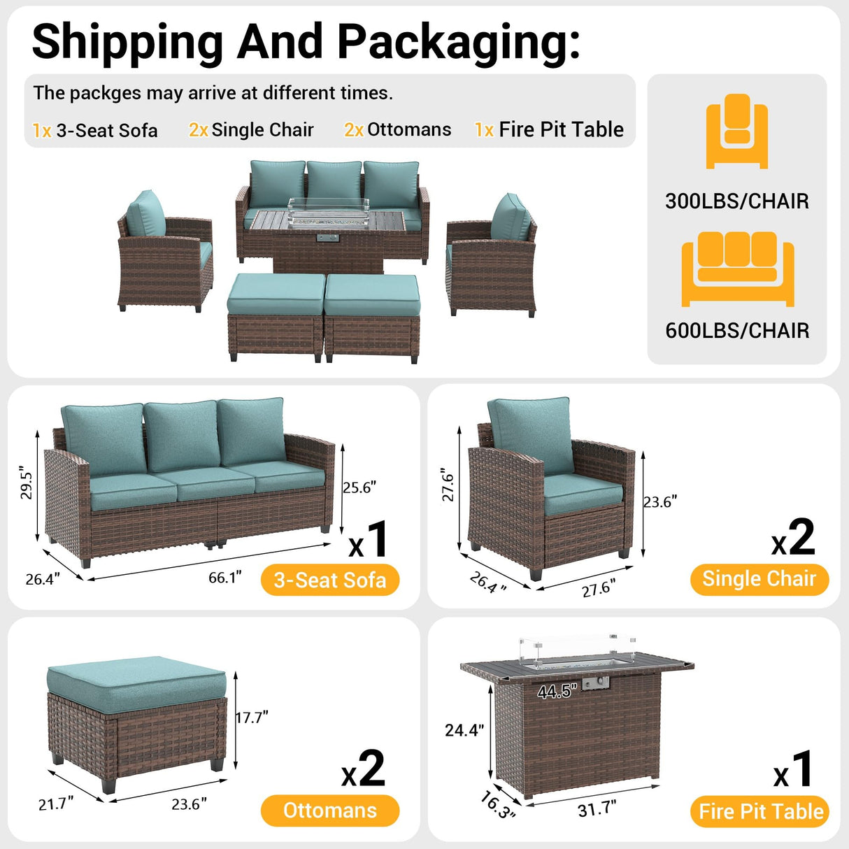 VONZOY 6 Pieces Patio Furniture Set with 44" Gas Fire Pit Table, Outdoor Sectional Conversation Sets, All-Weather Wicker Rattan Sofa w/Gas Fire Pit, Ottoman, Thick Cushion Light Blue VONZOY