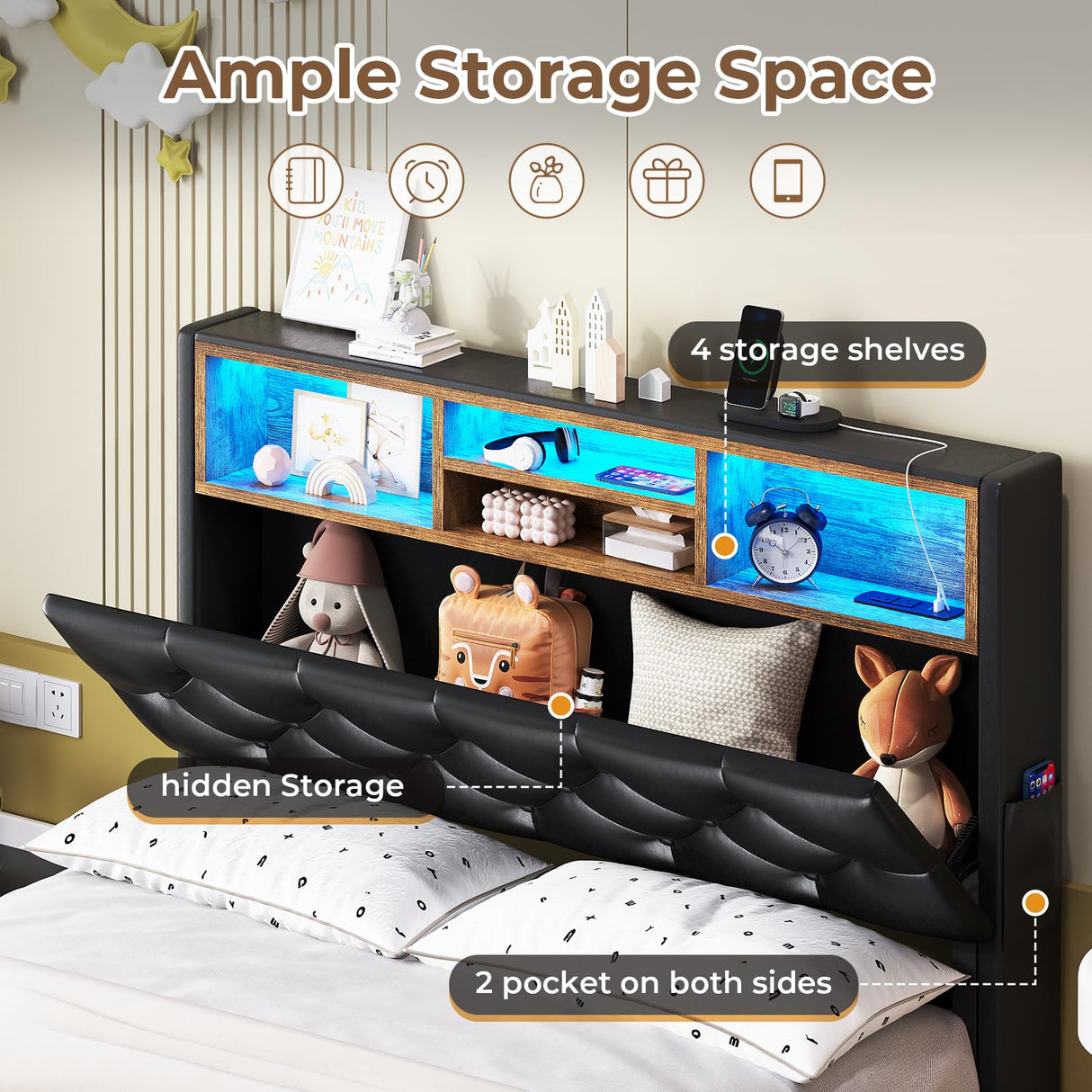 HAUOMS Twin Bed Frame with 3-Tier Headboard & Hidden Storage, Upholstered LED Bed Frame with 4 Drawers and Charging Station,Platform Metal Bed Frame with Storage, No Box Spring Needed, PU Black HAUOMS