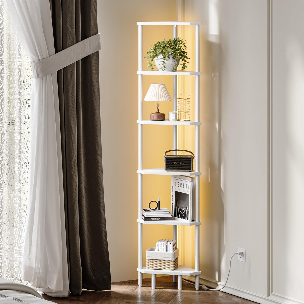 IRCPEN 6 Tier Corner Shelf with LED Light, 66.5'' Tall Standing Shelf, Narrow Display Shelf Stand, Modern Corner Bookshelf, Plant Stand, Corner Bookcase for Living Room, Bedroom, Small Space LCS502WE IRCPEN
