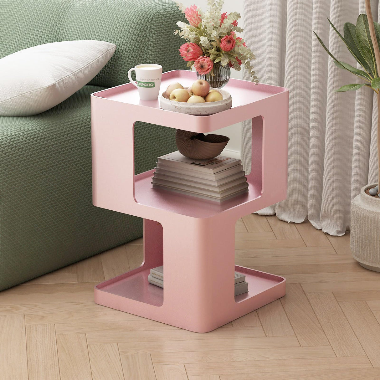 BAOGELIYA Metal Small Nightstands, Modern Side Table with 3 Tiers Storage, Pink End Table for Couch, Living Room Bedroom, Bedside Tables No Assembly Required BAOGELIYA