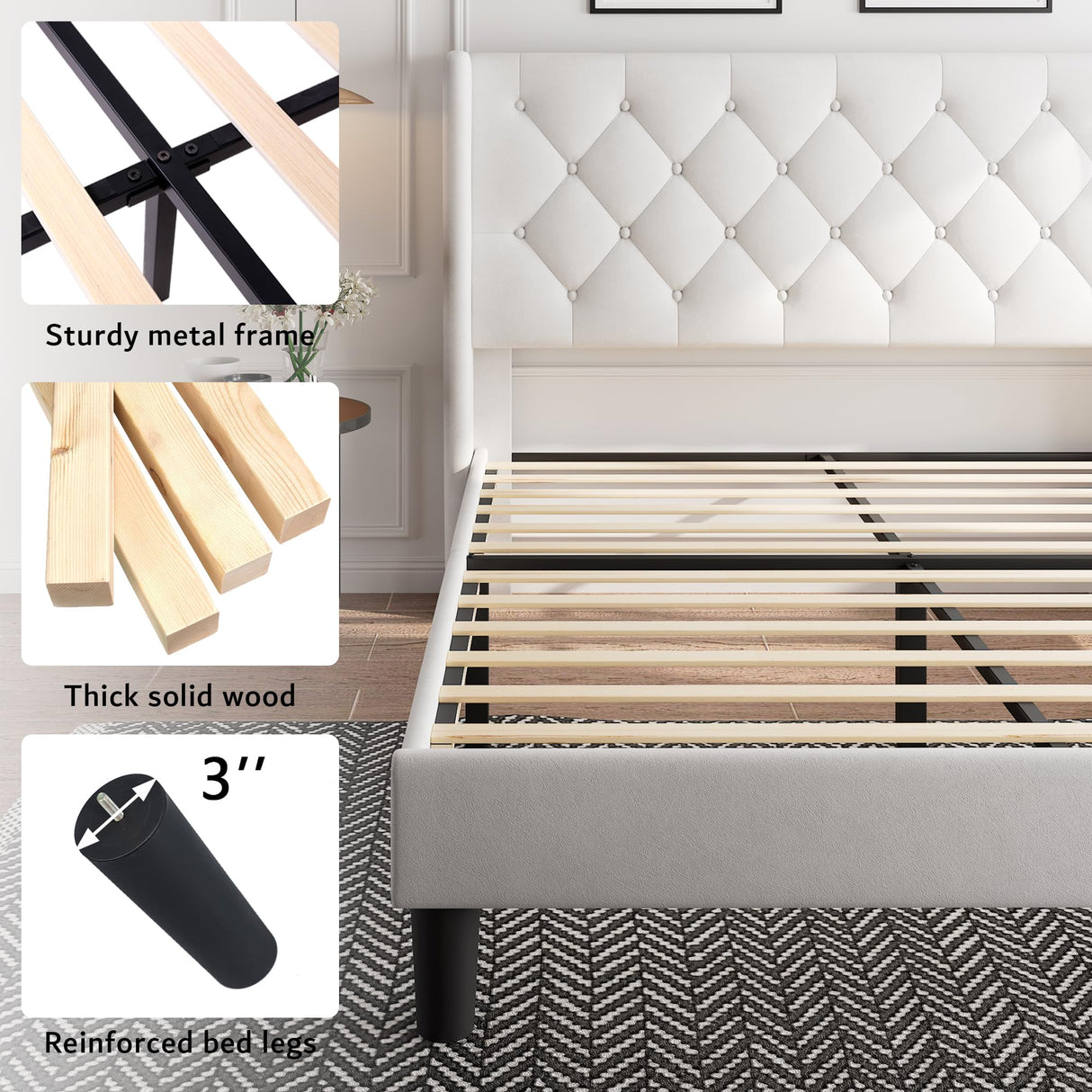 iPormis Full Size Velvet Platform Bed Frame with Button Tufted Headboard, Upholstered Bed Frame with Solid Wooden Slats, 8" Underbed Space, No Box Spring Needed, Noise Free, Easy Assembly, White iPormis