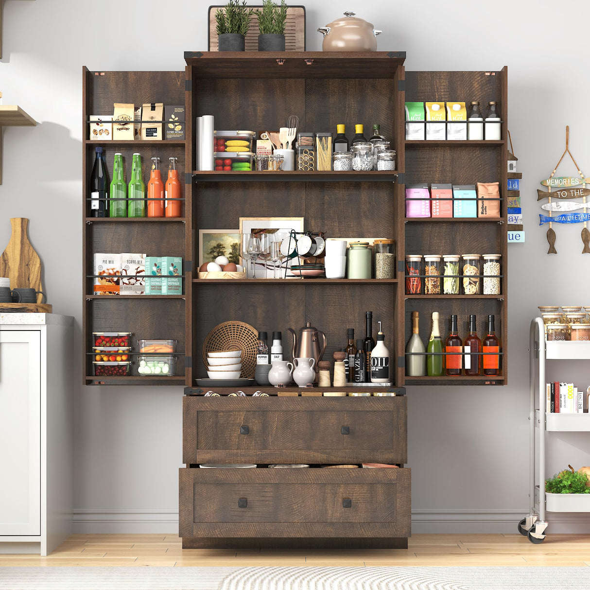 Hlivelood Farmhouse Kitchen Pantry Cabinet, 71" Tall Storage Cabinet with 2 Barn Doors & 2 Drawers, Large Farmhouse Kitchen Cupboard with Adjustable Shelves, Dining Room, Living Room, Rustic Brown Hlivelood