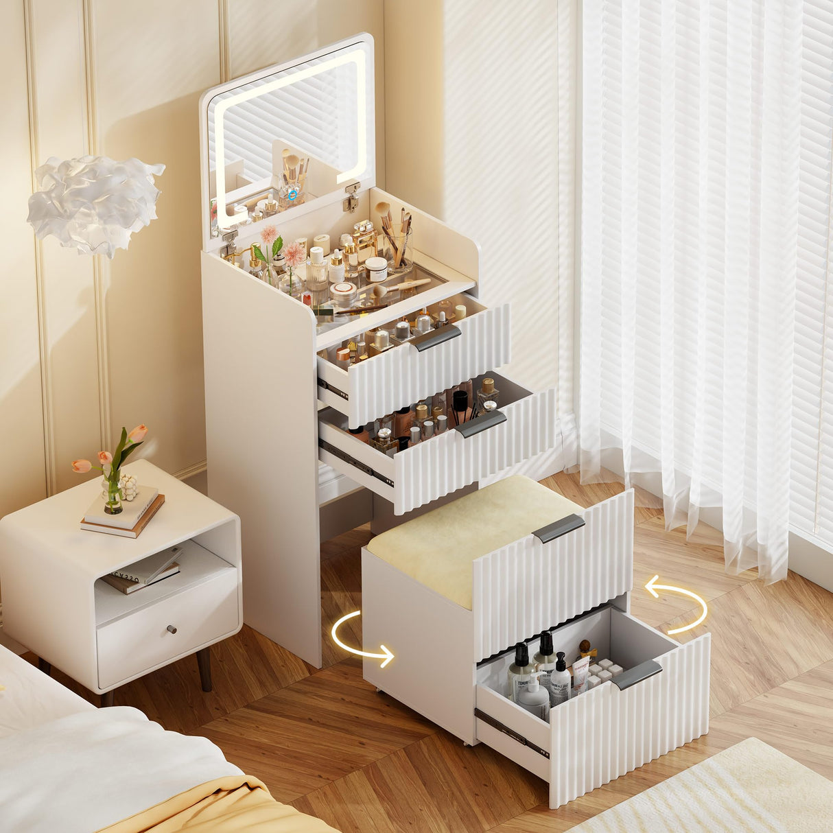 Gurexl Fluted Small Vanity Desk with Mirror and Lights, 3-in-1 Compact Makeup Vanity Set with Hidden Storage Stool, Mini Dressing Table with 3 Drawers, Gift for Little Girls/Kids (White) Gurexl