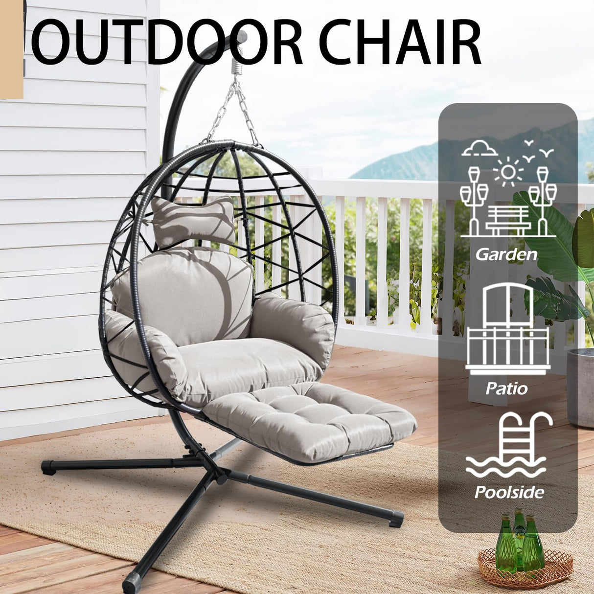 Indoor Outdoor Hanging Egg Chair with Stand & Leg Rest – Heavy-Duty Steel Frame, Handwoven Rattan Swing Chair for Patio, Garden, Bedroom – 350 lbs Capacity, Ergonomic Design (Grey) Nevsokio