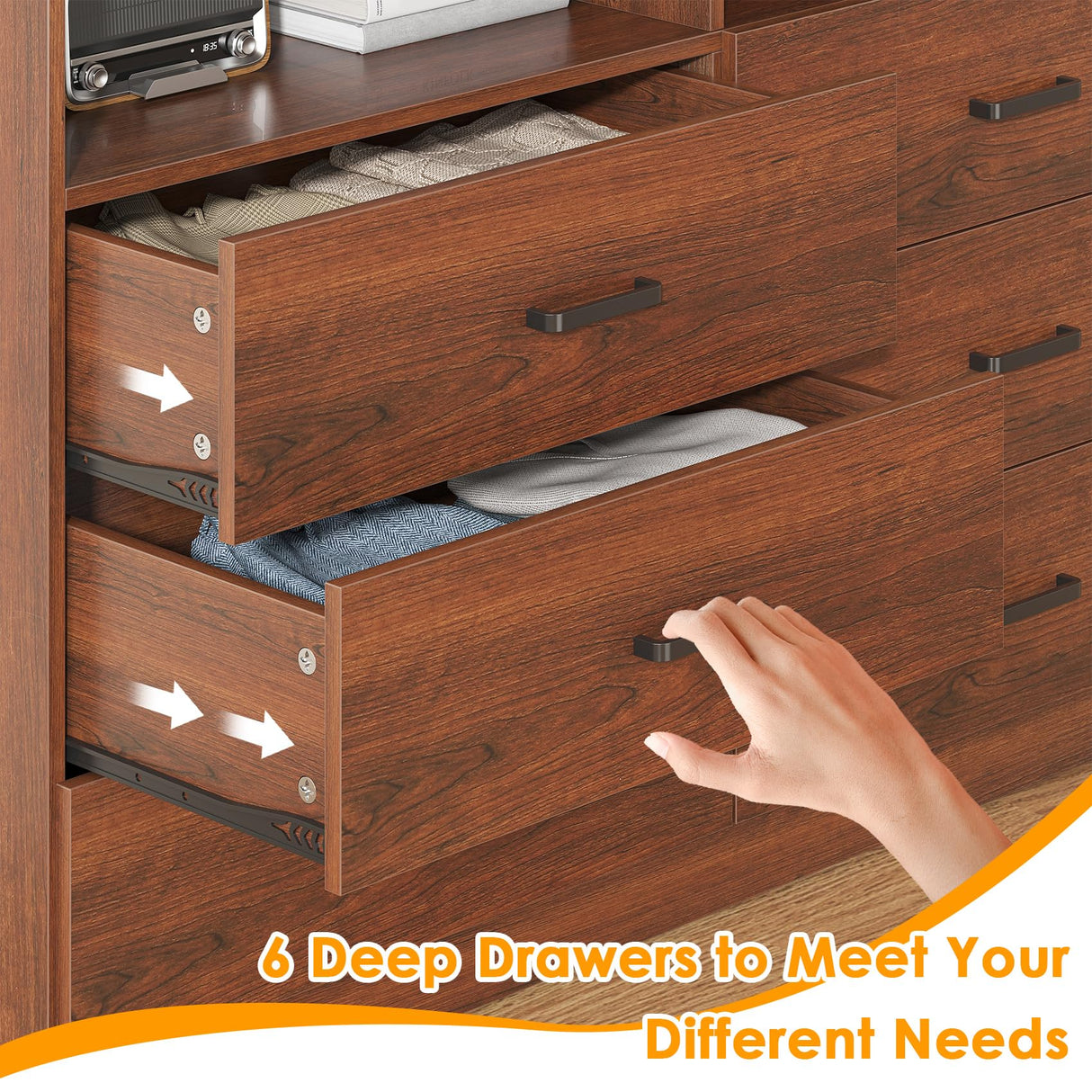 Bigbiglife 6 Drawers Dresser for Bedroom Wooden Drawer with Open Storage Cubby, Double Wide Dresser Organizer for Bedroom, Living Room, Entryway, Hallway (Walnut Brown) Bigbiglife