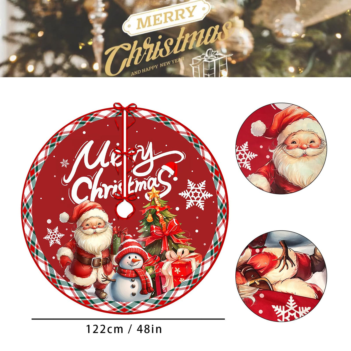SHUXILIN Christmas Tree Skirt -48 Inches Luxury Short Plush Thick Rustic Xmas Holiday Decoration with Cute Santa Claus Xmas Tree Snowmen Snowflake Designs Mat Decoration for Merry Christmas Party SHUXILIN