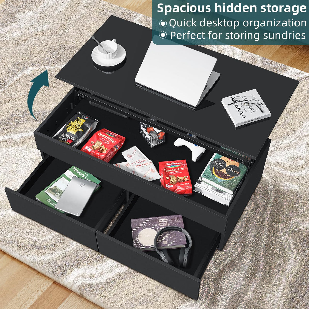 LED Coffee Table with Lift Top Morden Coffee Table with Storage High Gloss Black Sofa Table for Living Room Center Tables Hidden Compartment & 2 Drawers HOMMPA