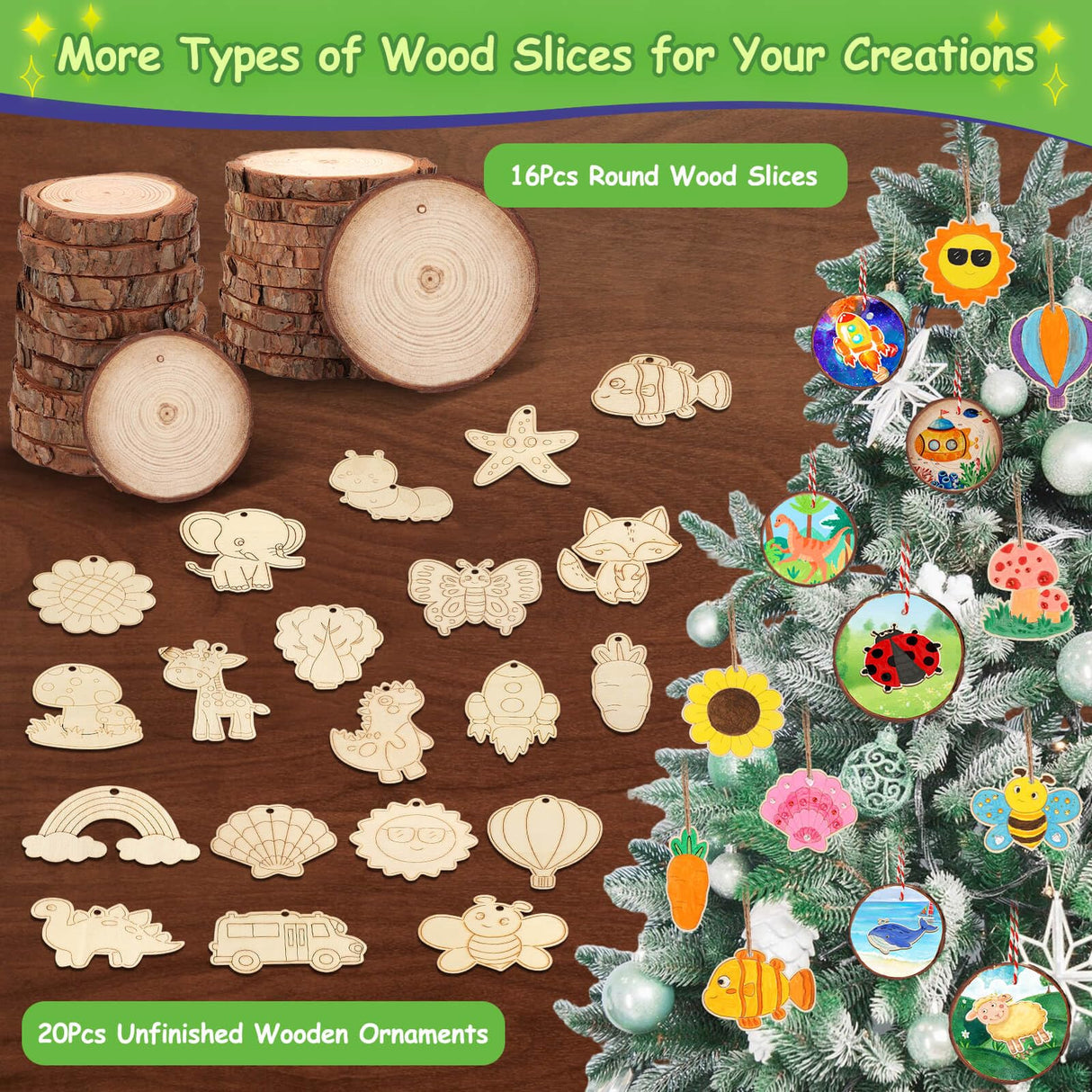 ROADPLUM Natural Wooden Slices Painting Craft Kit, 16PCS Unfinished Wood Slices & 20Pcs Unfinished Wooden Ornaments, DIY Glow in The Dark Christmas Ornaments Craft for Decorations ROADPLUM