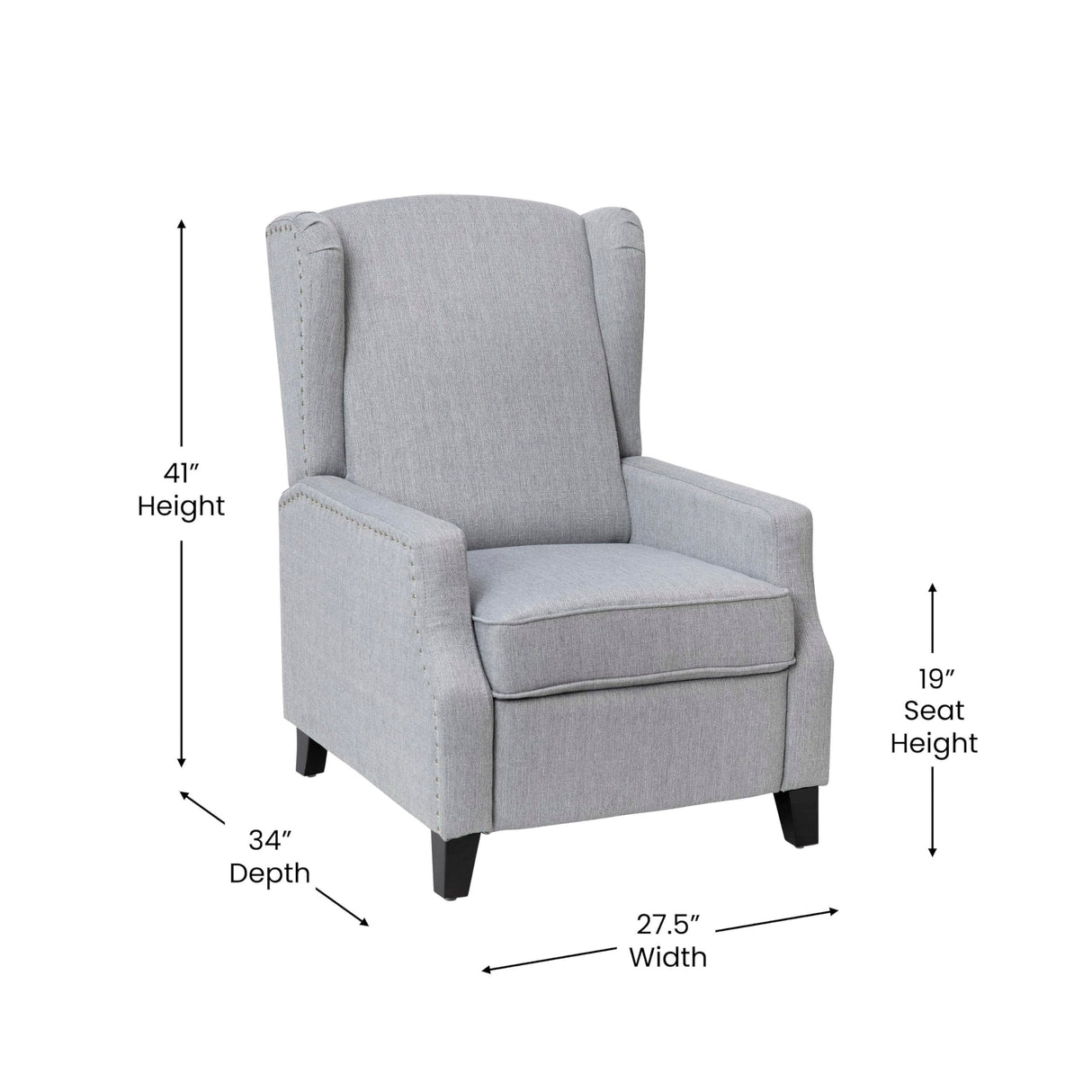 Taylor & Logan Maxfield Traditional Gray Fabric Upholstered Slim Wingback Recliner with Accent Nail Trim and Push Back Recline Taylor & Logan