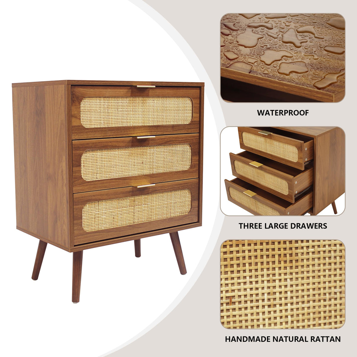 QHITTY Drawer Dresser Set of 2, Rattan Chest of Drawers with 3 Drawers Dresser, Accent Storage Cabinet Modern Bedside Table for Living Room, Bedroom, Entryway (Walnut) QHITTY