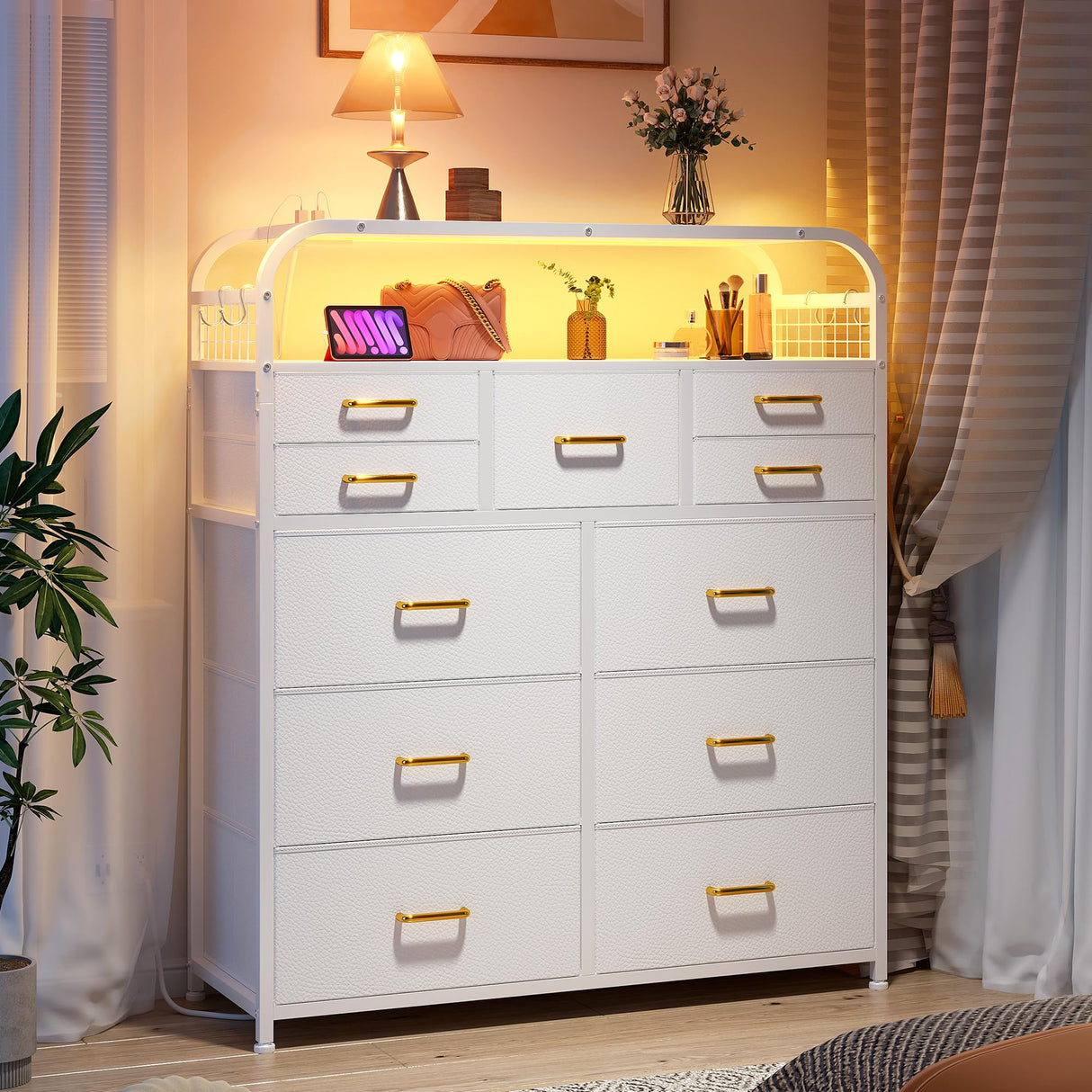 EnHomee White Dresser,11 Drawer Dresser for Bedroom with LED Lights & Charging Station, Fabric Dressers & Chest of Drawers,2 Tier Wooden Shelves, 4 Hooks, Dresser for Bedroom,Entryway,Sturdy Frame EnHomee