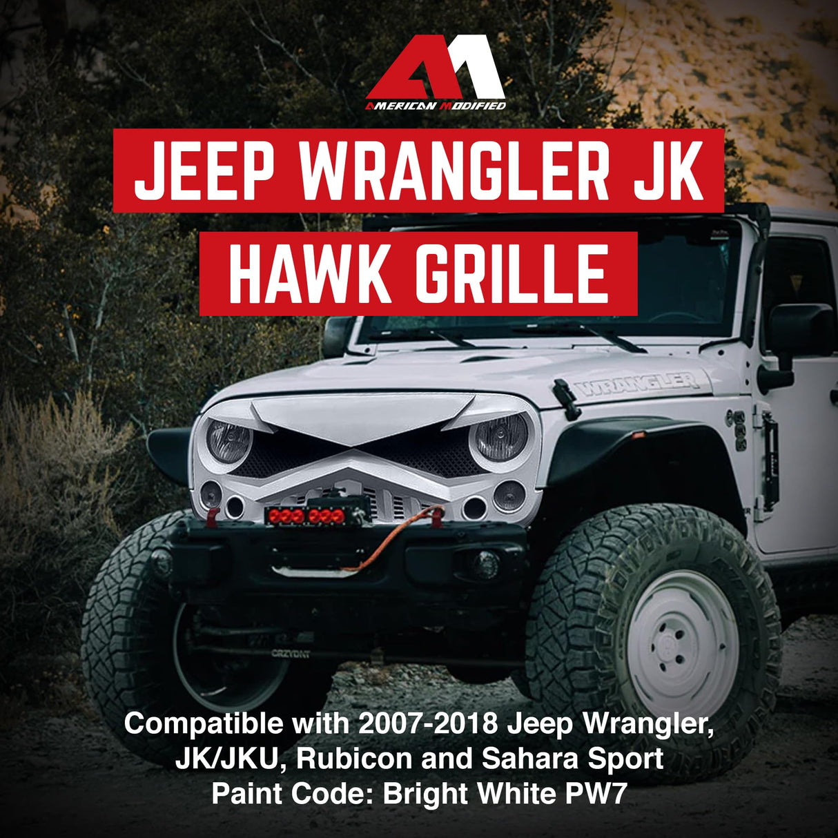 AMERICAN MODIFIED Hawke Front Grille Cover Compatible with Jeep Wrangler, JK/JKU, Rubicon, and Sahara Sport 2007 to 2018 Models, White AM AMERICAN MODIFIED