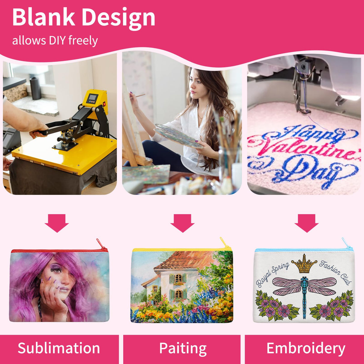 12Pcs Canvas Makeup Bags Bulk, 7.87 x 5.7 Inch Cotton Sublimation Blank DIY Heat Transfer Cosmetic Makeup Bag w/Colorful Zipper for Bridesmaid Makeup Bag Travel Toiletry Pouch Storage, Christmas Craft AMDAILY