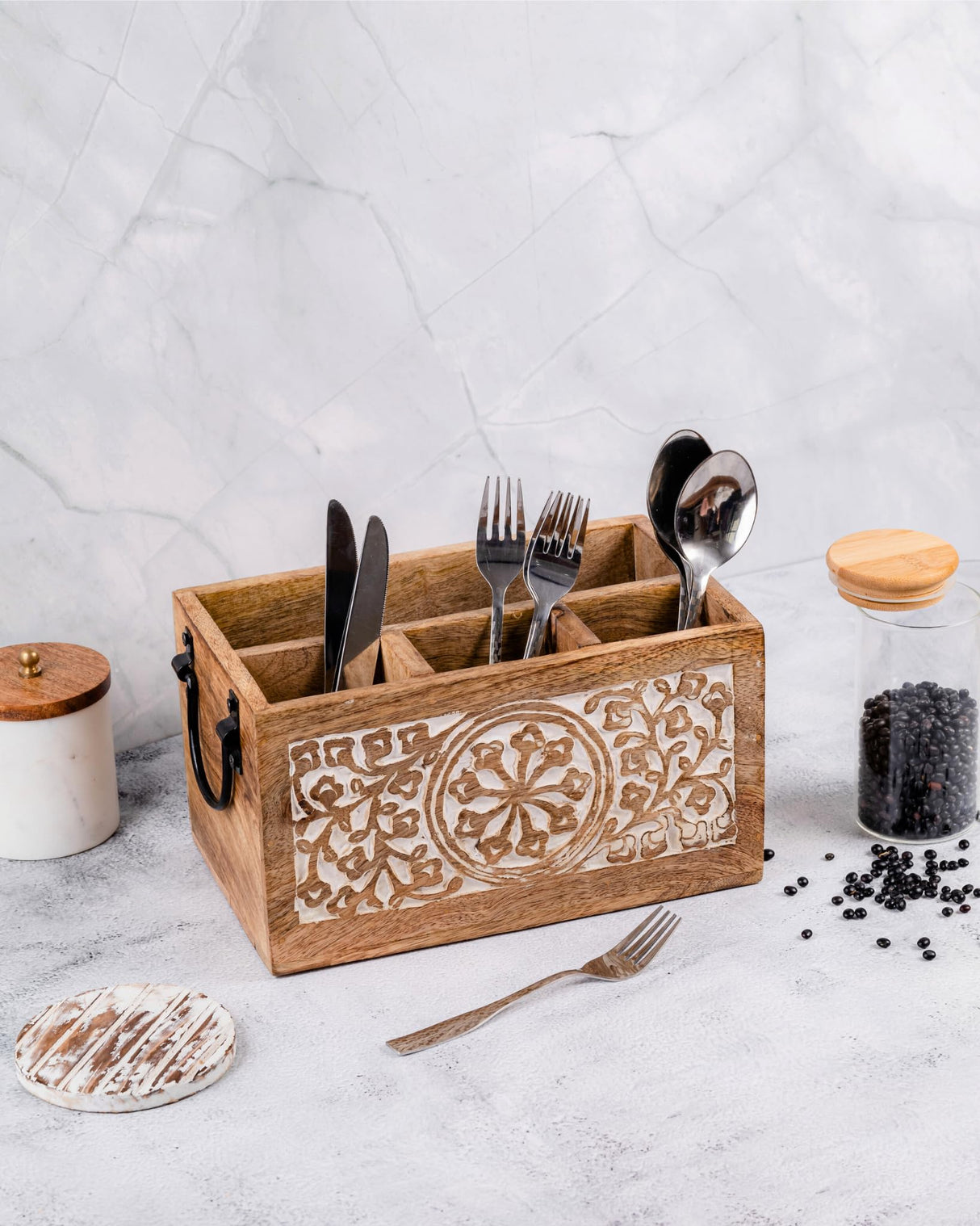 Mie Creations 4 Compartment Wooden Silverware Caddy Utensil Holder, Farmhouse Cutlery Flatware Organizer, Decorative Wood Caddy with Metal Handles for Kitchen Countertop, Picnic, Buffet Party- White Mie Creations