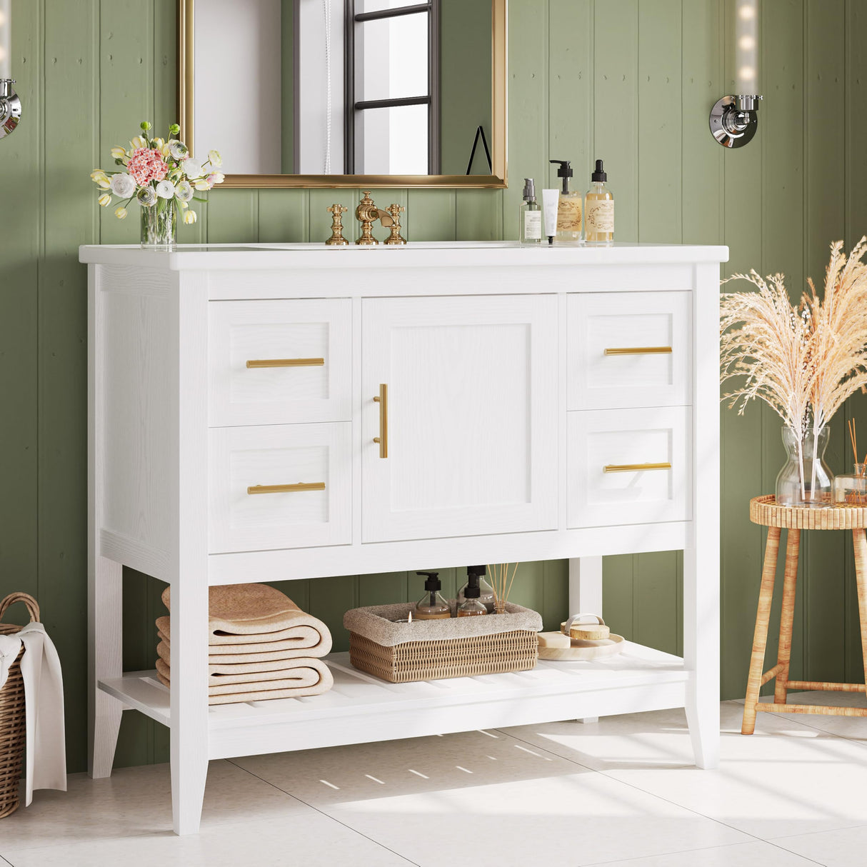 IRONCK Bathroom Vanity with Sink, 36" Modern Undermount Bathroom Sink Cabinet with 4 Drawers&Open Shelf, Vanity Sink with Charging Station and Door Shelves, White IRONCK