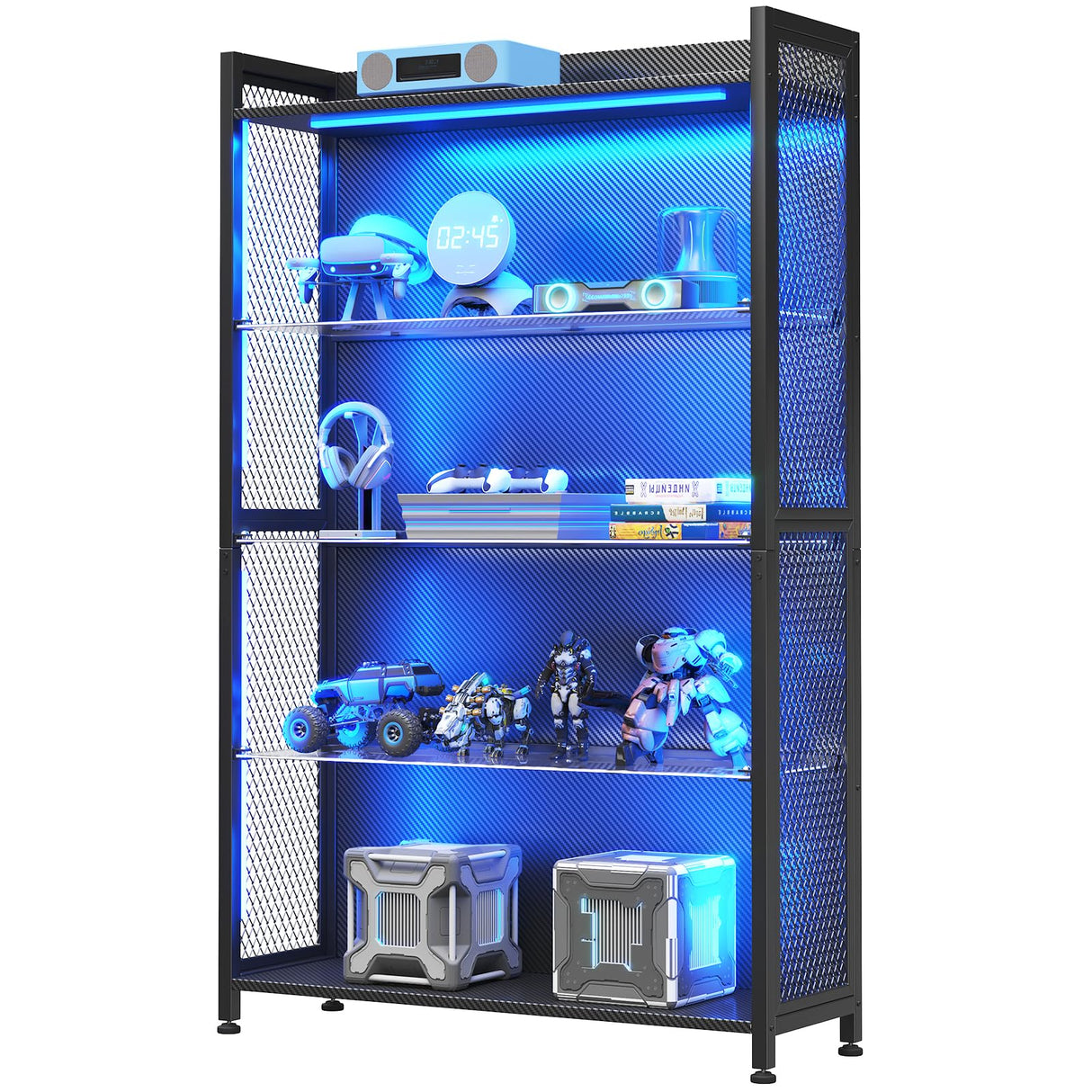 MOTPK Display Cabinet with LED Lights, Display Case with Glass Storage Shelves, 4-Tiers Curio Cabinet for Collectibles, Display Shelf Carbon Fiber Texture, Black MOTPK
