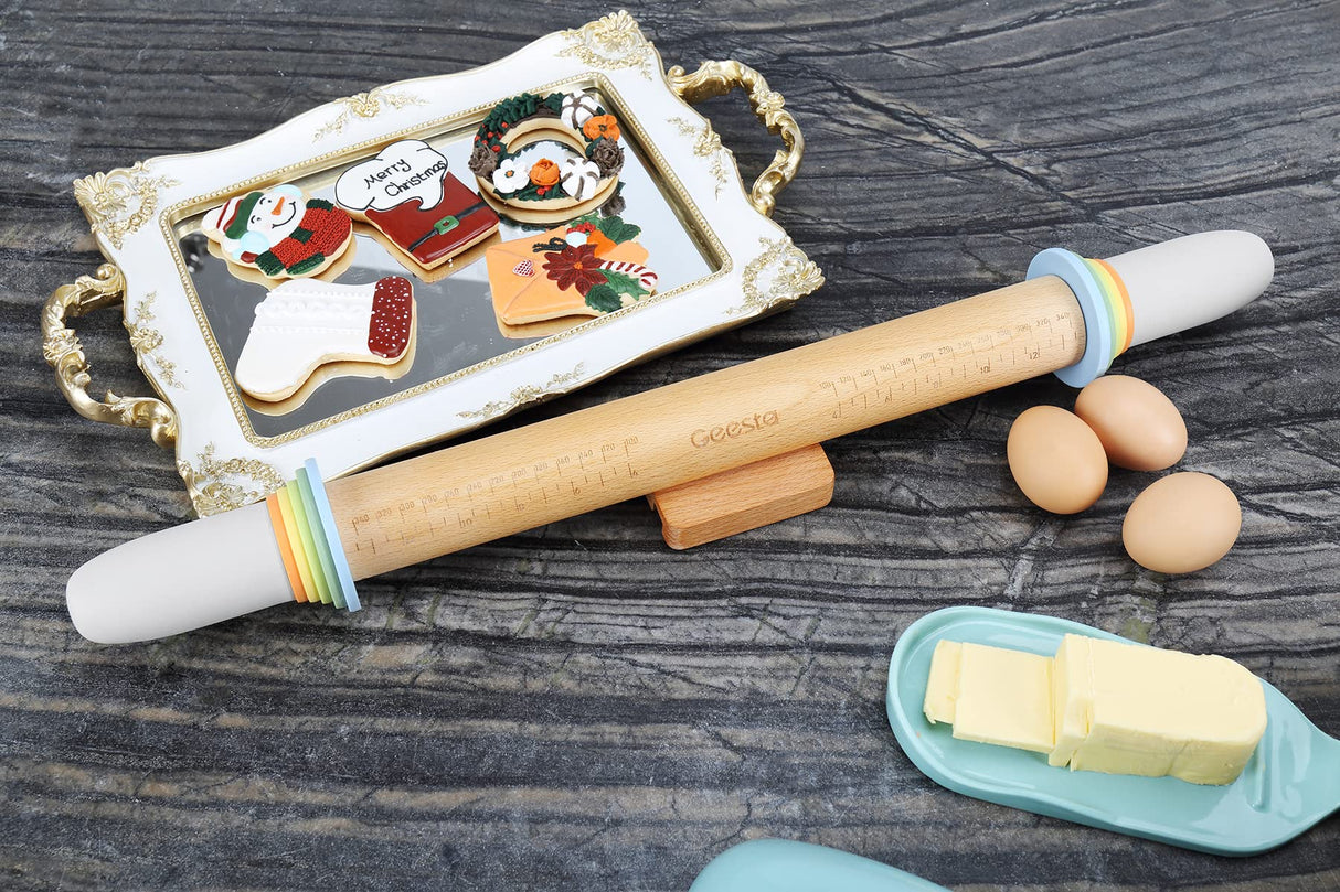 Geesta Adjustable Wood Rolling Pin with 5 Thickness Rings, Precise Dough Roller Handle Press Design with Measurement Guide for Baking Fondant, Pie Crust, Cookie, Pastry - Baking Essential Geesta
