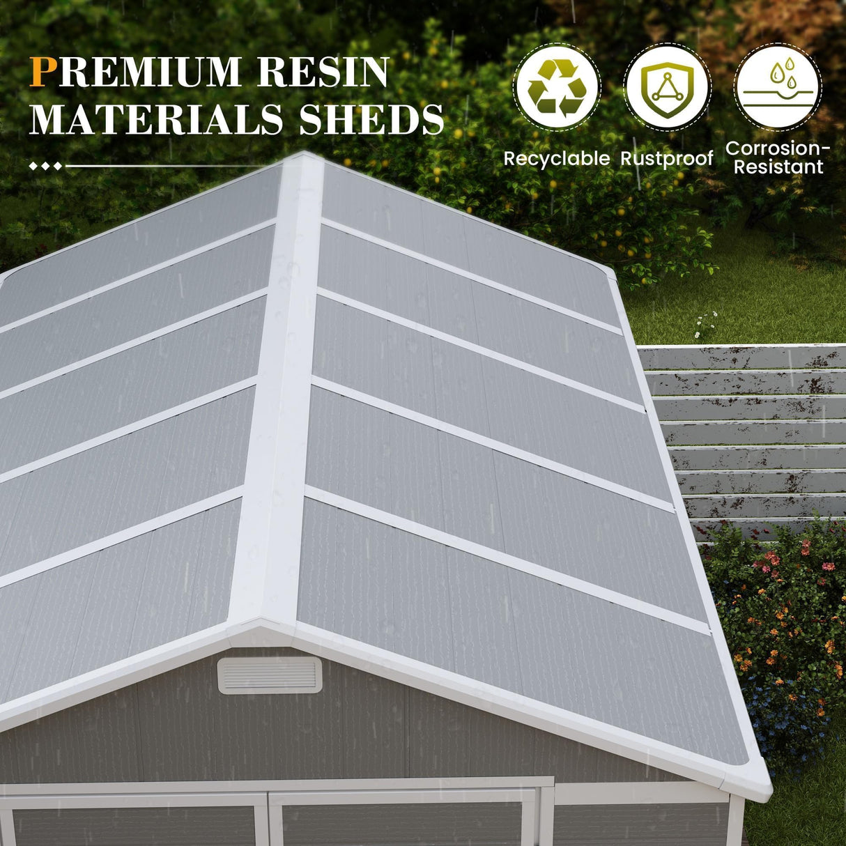 UDPATIO Storage Shed 8 x 10 FT, Resin Outdoor Garden Sheds with Floor Plastic Patio Outdoor Storage with Lockable Door for Tool, Bike, Garbage Gray White UDPATIO