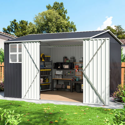 DAUSOLA 10x10 FT Outdoor Storage Shed, Metal Garden Tool Shed with Updated Frame Structure, Lockable Doors and Windows, Ideal for Backyard Garden Patio Lawn, Grey