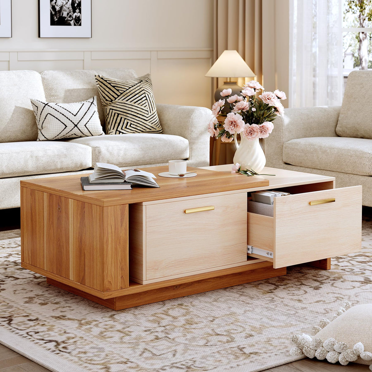 Aivermeil 42"- 65" Extendable Coffee Table with Storage, Reversible Wood Coffee Table with 2 Drawers, Two-Tone Large Adjustable Center Table for Living Room, Office (Walnut B) Aivermeil